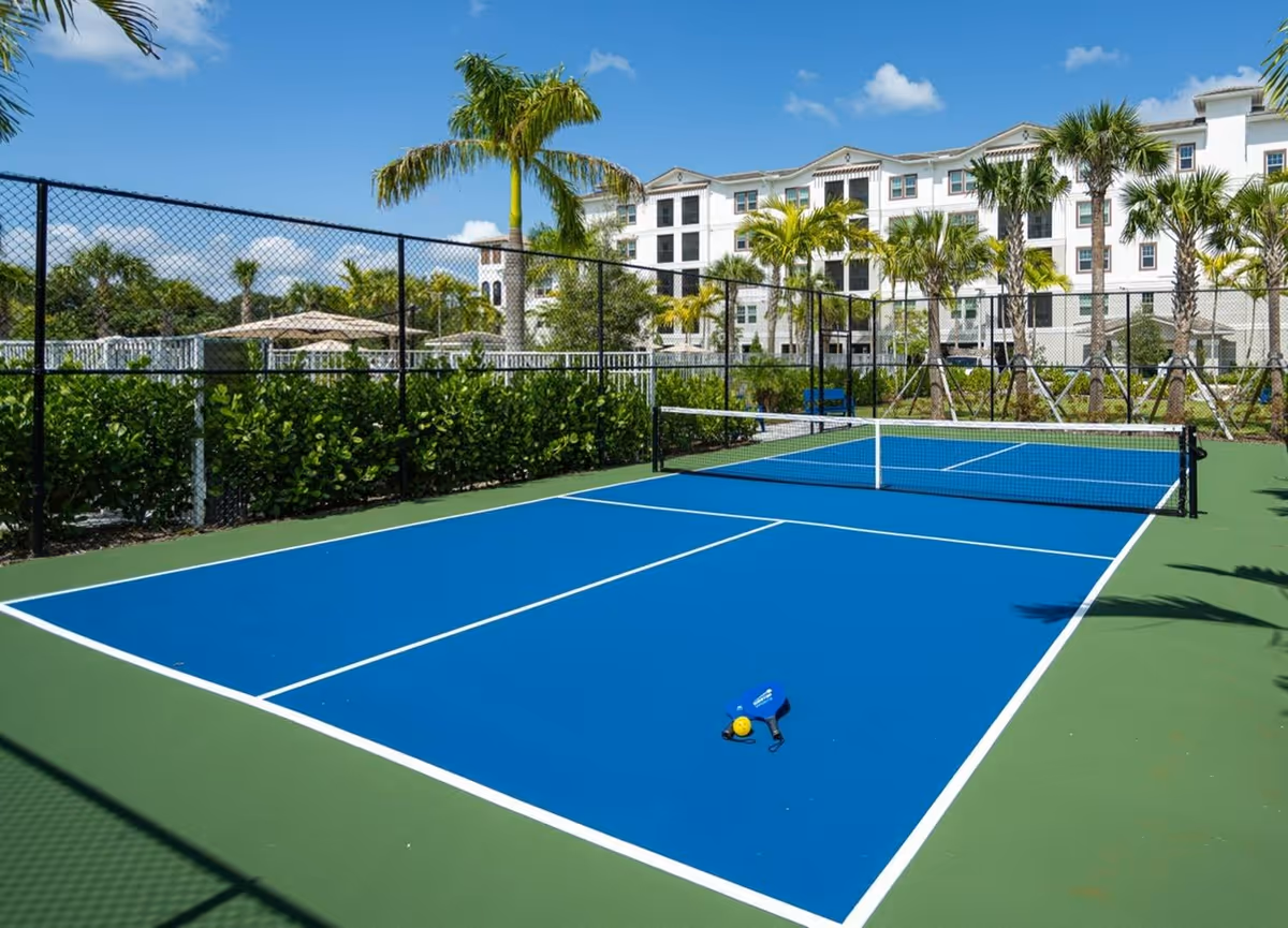 Blue outdoor tennis/pickleball court with a net in front of a multi-story residential building and palm trees.