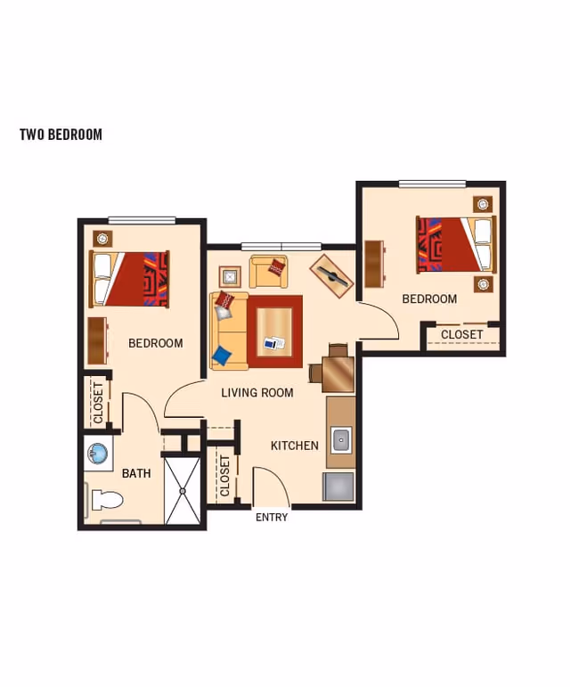 Floor plan of a two-bedroom apartment showing two bedrooms each with a bed and closet, a living room with seating and a coffee table, a kitchen with a sink and appliances, a bathroom with a toilet and shower, and an entry area.