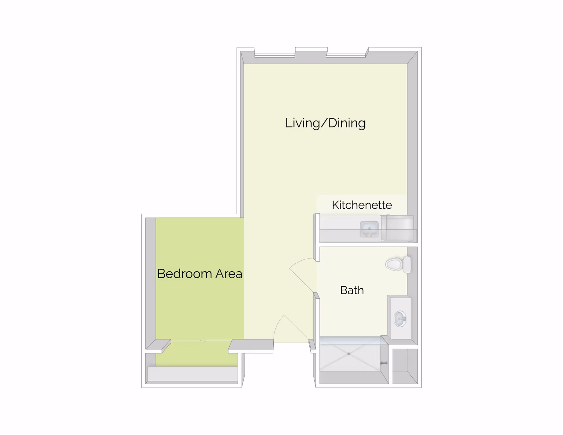 Top-down floor plan of a studio layout showing a Living/Dining area, Bedroom Area, Kitchenette, and Bath.