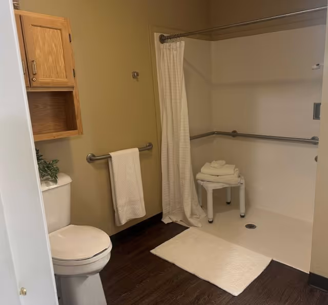 A bathroom with a toilet, a wooden cabinet mounted on the wall, a towel hanging on a grab bar, and a walk-in shower area with a white curtain, grab bars, a small white stool, and folded towels on the stool. The floor is dark wood, and there is a white bath mat in front of the shower.