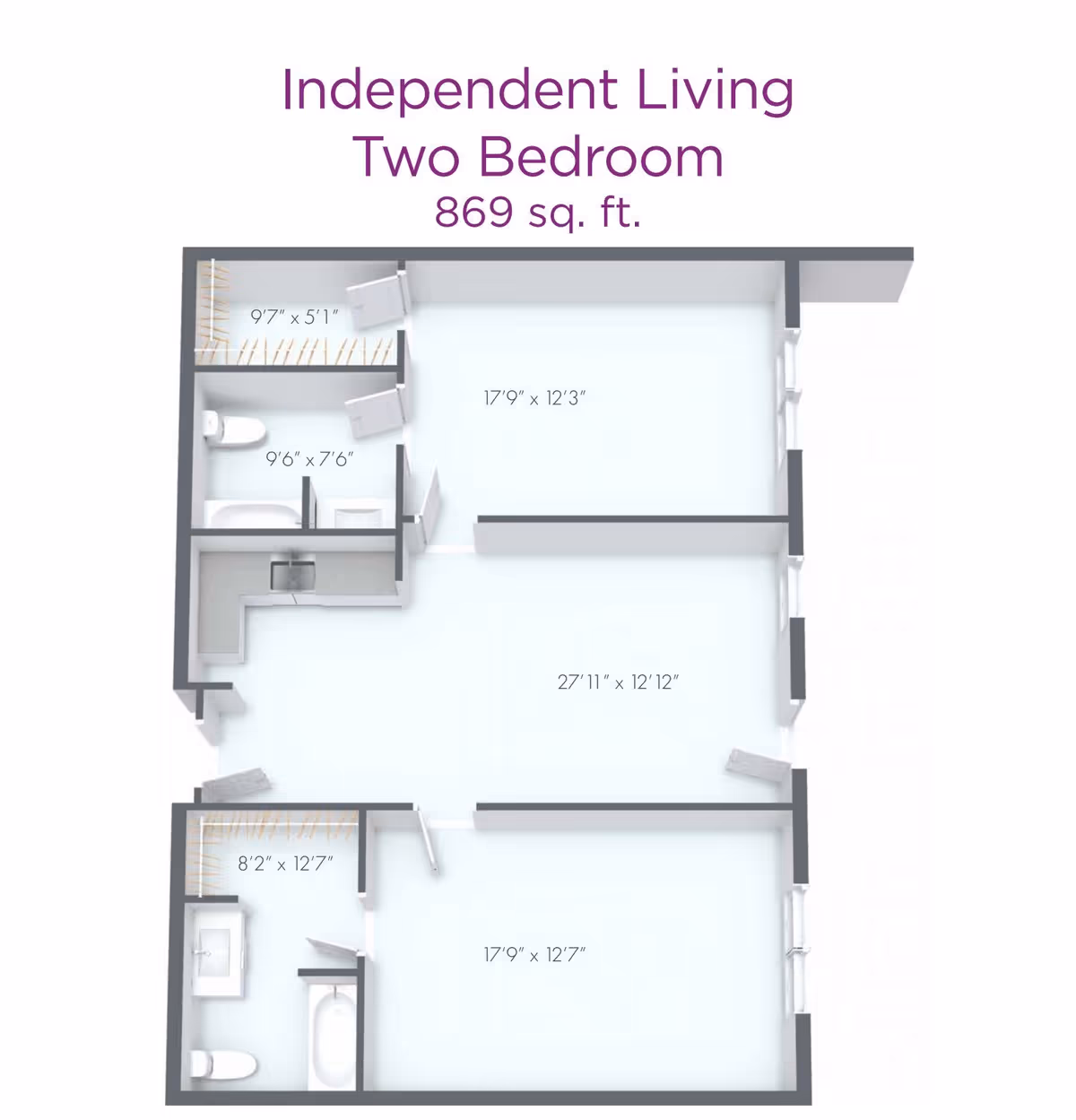 Floor plan of an independent living two-bedroom apartment with a total area of 869 square feet. The layout includes two bedrooms, two bathrooms, a kitchen area, and a living/dining space with dimensions labeled for each room.