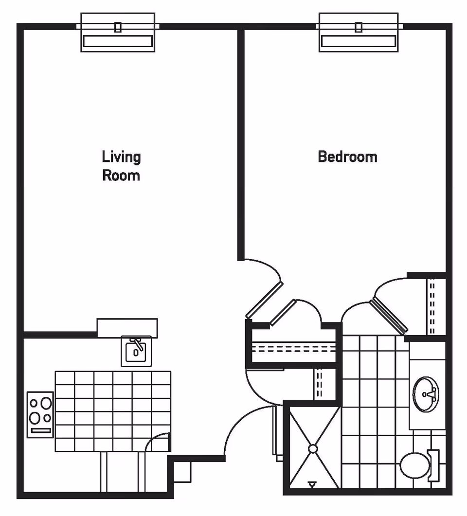 Black and white floor plan of a one-bedroom apartment showing a living room, bedroom, kitchen with stove and sink, and a bathroom with a shower, sink, and toilet.