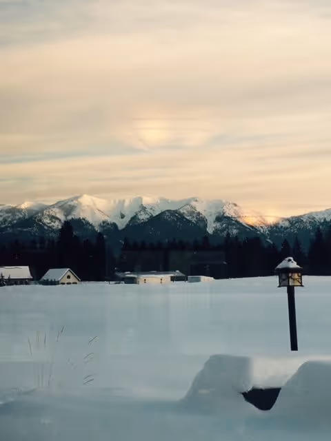 Snow-covered landscape with a few small buildings and a lamp post in the foreground, tall pine trees, and a range of snow-capped mountains under a cloudy sky in the background.