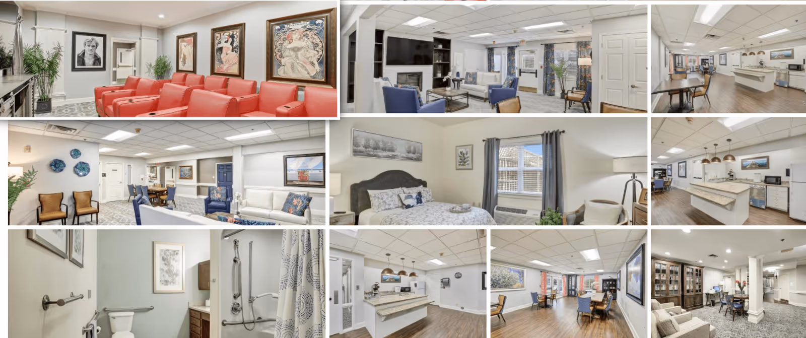 Collage of interior images from Monarch at Richardson senior living facility showing various rooms including a lounge with red chairs and framed artwork, a living room with blue and white furniture, a kitchen with island and dining tables, a bedroom with a bed and window, a bathroom with shower and toilet, and multiple common areas with seating and decor.