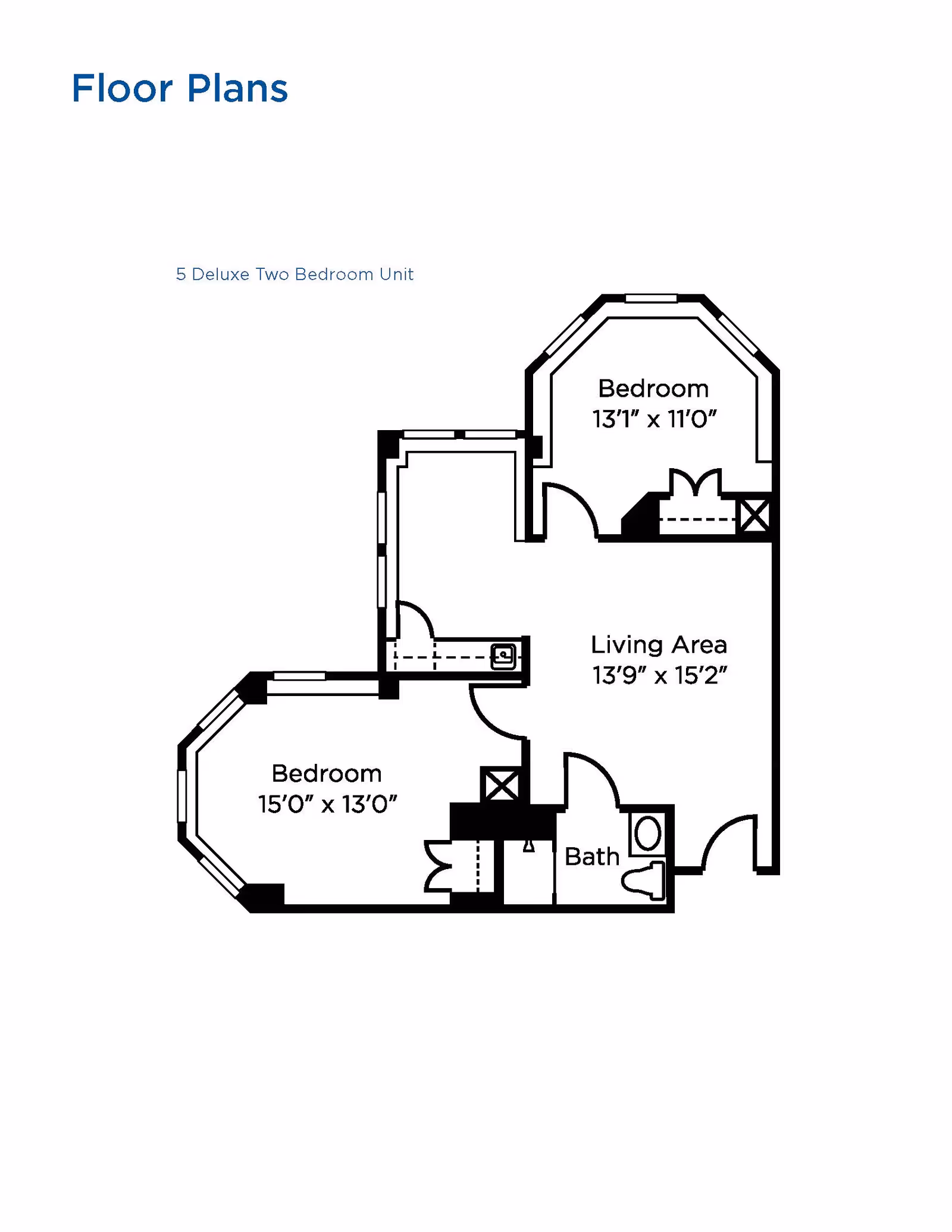 Floor plan of a deluxe two-bedroom unit showing two bedrooms, a living area, and a bathroom with dimensions labeled for each room.
