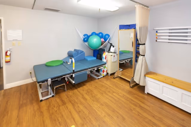 A therapy or rehabilitation room with a padded treatment table, various exercise balls stored in a net on the wall, a large mirror, a curtain divider, and wooden flooring. The room has light-colored walls and a fire extinguisher mounted on the left wall.