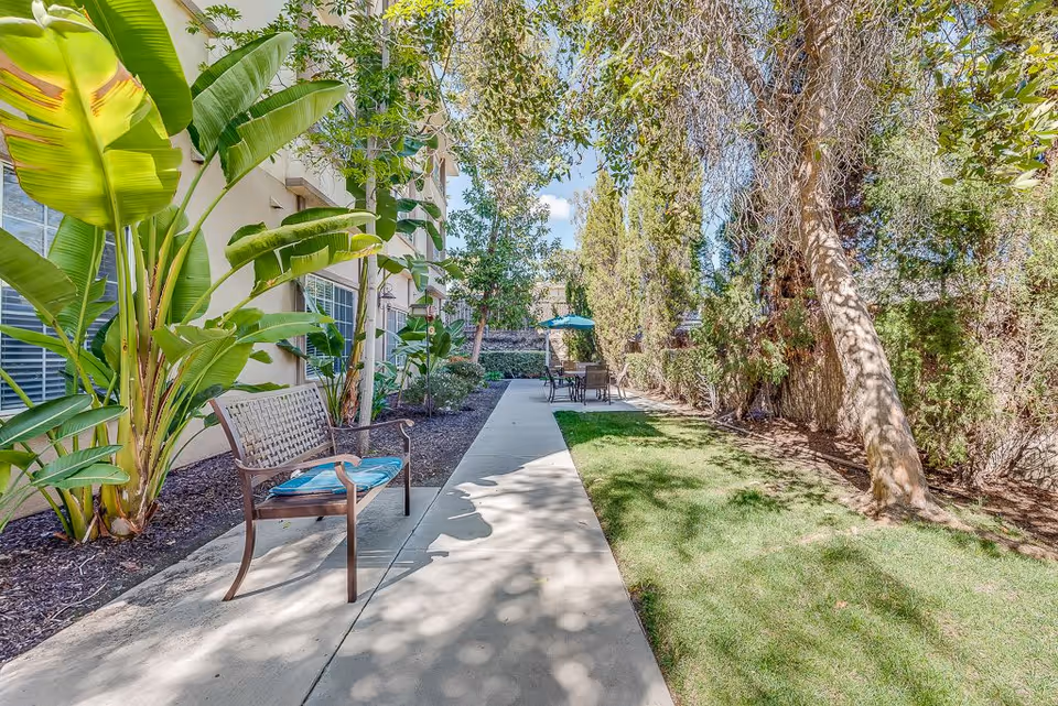 Sunlit landscaped walkway beside a building with a bench, tropical plants, and an outdoor table with an umbrella.