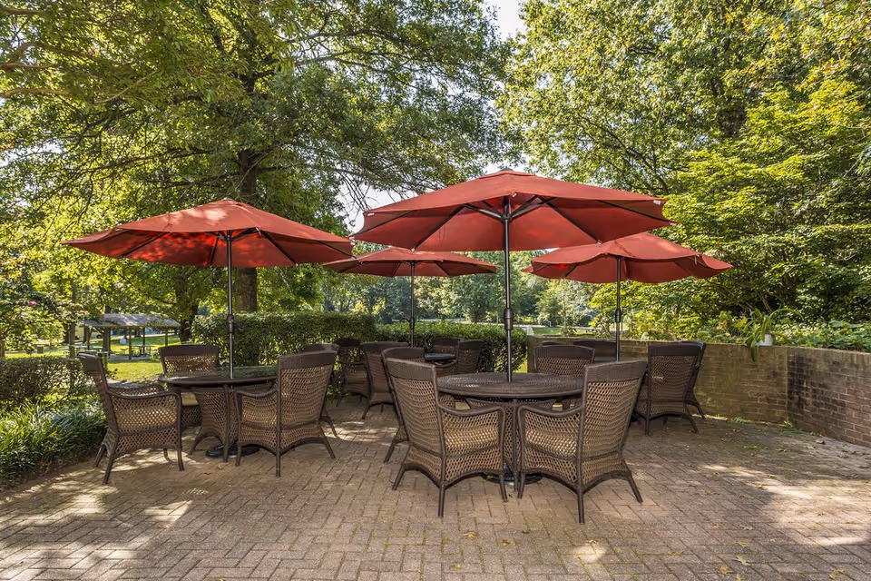 Outdoor patio with several wicker tables and chairs shaded by red umbrellas surrounded by trees and greenery.