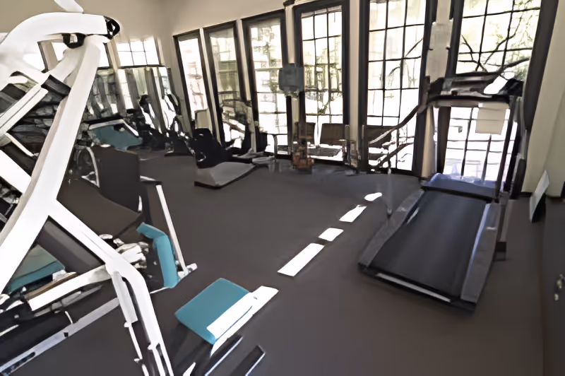 Fitness room with treadmills and other exercise equipment facing large windows.