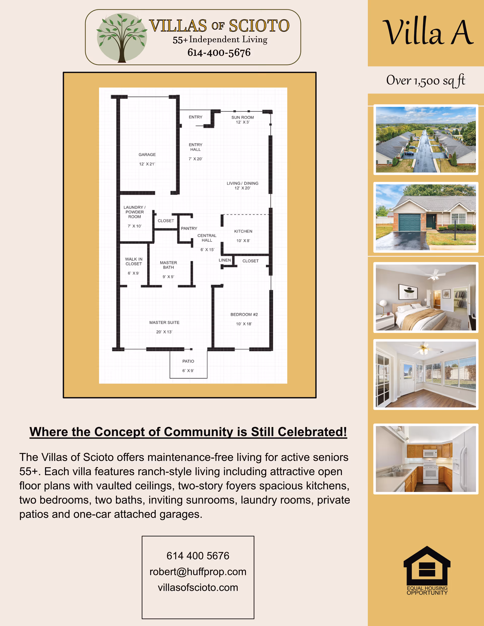 Floor plan of Villa A at Villas of Scioto showing layout including garage, entry hall, sun room, living/dining area, kitchen, two bedrooms, master suite with walk-in closet and master bath, laundry/powder room, pantry, closets, linen, central hall, and patio. The right side features four photos: an aerial view of the community, exterior of a villa with garage, a bedroom interior, a sunroom interior, and a kitchen interior. Contact information and a description of the community are also included.