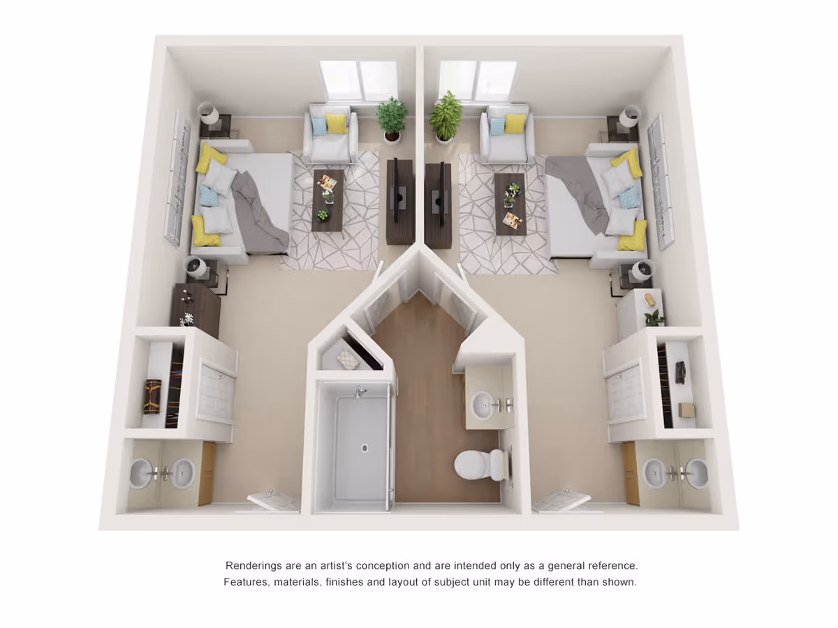 Overhead rendered floor plan showing two mirrored studio-style apartments with beds, seating areas, closets, and a central shared bathroom.