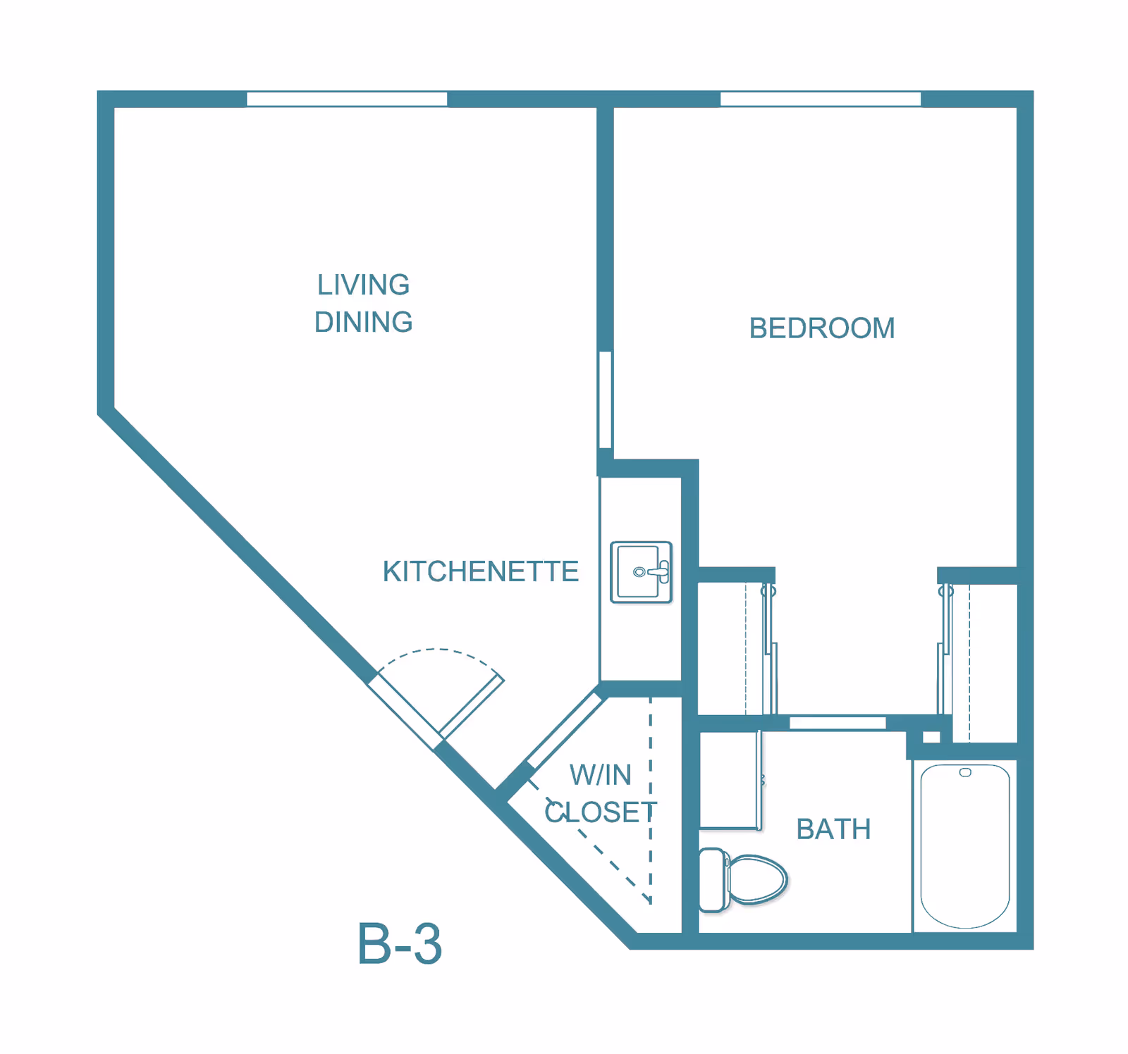 Floor plan labeled B-3 of a one-bedroom apartment showing living/dining area, kitchenette, bedroom, bathroom, and walk-in closet.
