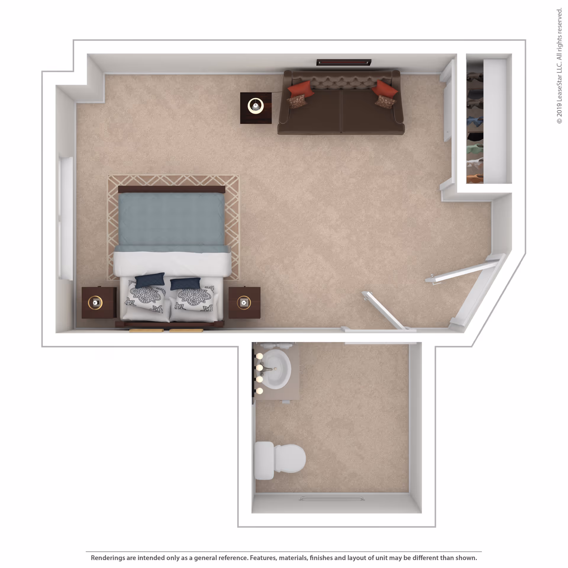 3D floor plan of a senior living unit featuring a bedroom with a bed, two nightstands with lamps, a sofa with cushions, a closet, and an attached bathroom with a toilet and sink.