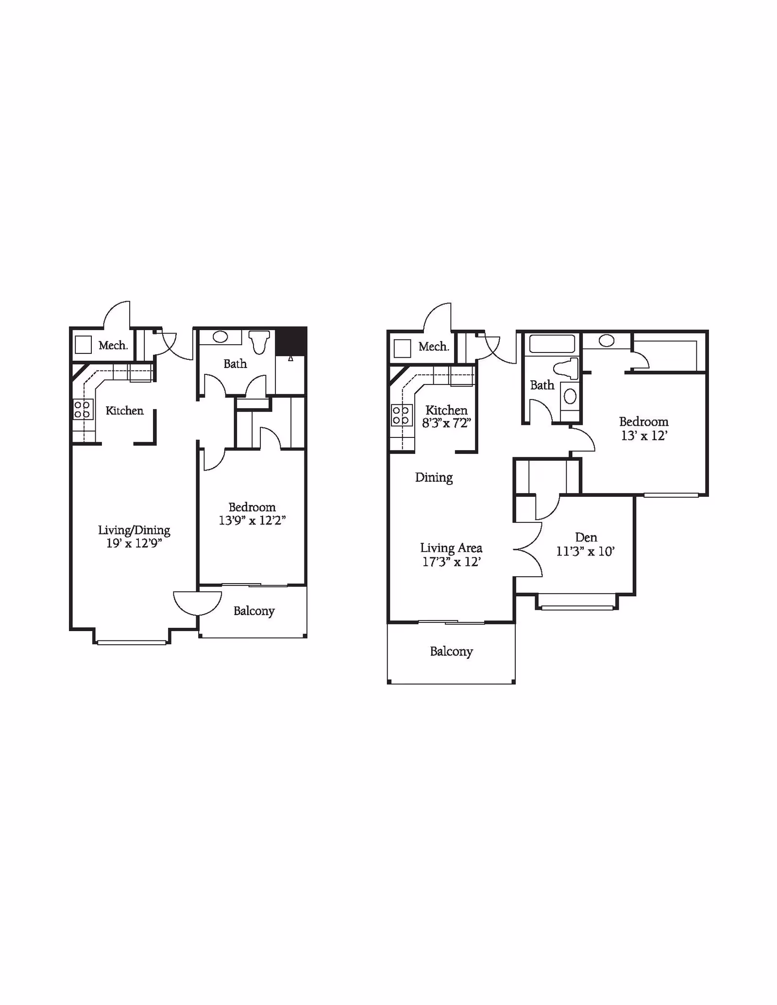 Two architectural floor plans showing layouts of apartments with labeled rooms including kitchen, living/dining area, bedroom, bath, balcony, mechanical room, and den in one plan.