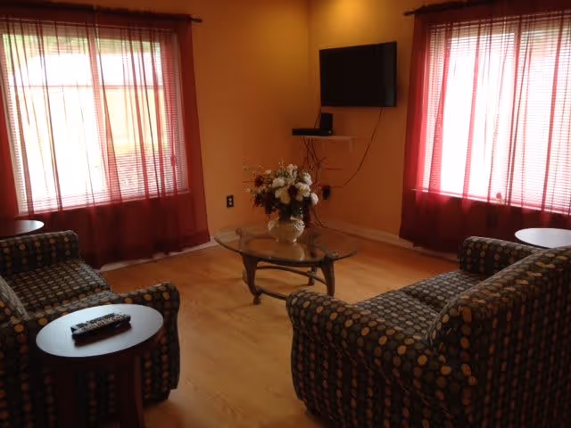A cozy living room with two patterned armchairs and a matching loveseat arranged around a glass coffee table with a floral centerpiece. The room has wooden flooring, two windows with red curtains, and a flat-screen TV mounted on the wall.