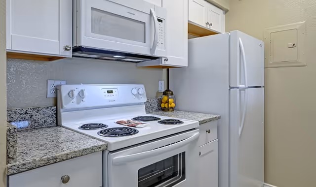 Compact kitchen with a white electric stove, over-the-range microwave, refrigerator, and granite countertops.