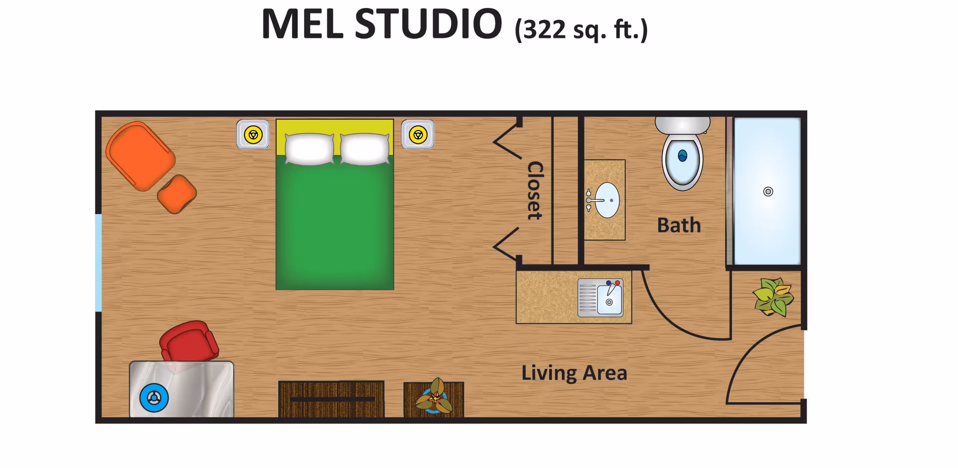 Floor plan of MEL STUDIO, a 322 square feet studio apartment featuring a living area with a bed, two chairs, a small table, a closet, a kitchenette with a sink, and a bathroom with a toilet, sink, and bathtub.