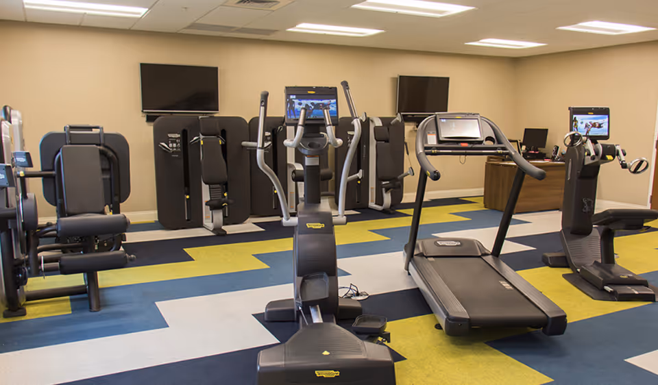 A brightly lit fitness room with treadmills, exercise bikes, and strength machines on a patterned carpet.