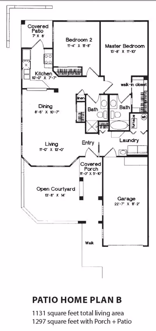 Architectural floor plan of Patio Home Plan B at San Marino Retirement Community, showing layout of rooms including two bedrooms, two bathrooms, kitchen, dining area, living room, laundry, garage, covered porch, covered patio, and open courtyard with dimensions.