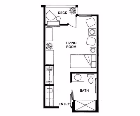 Black-and-white floor plan of a studio unit showing an entry, bathroom, living room with bed and seating, and a small deck.