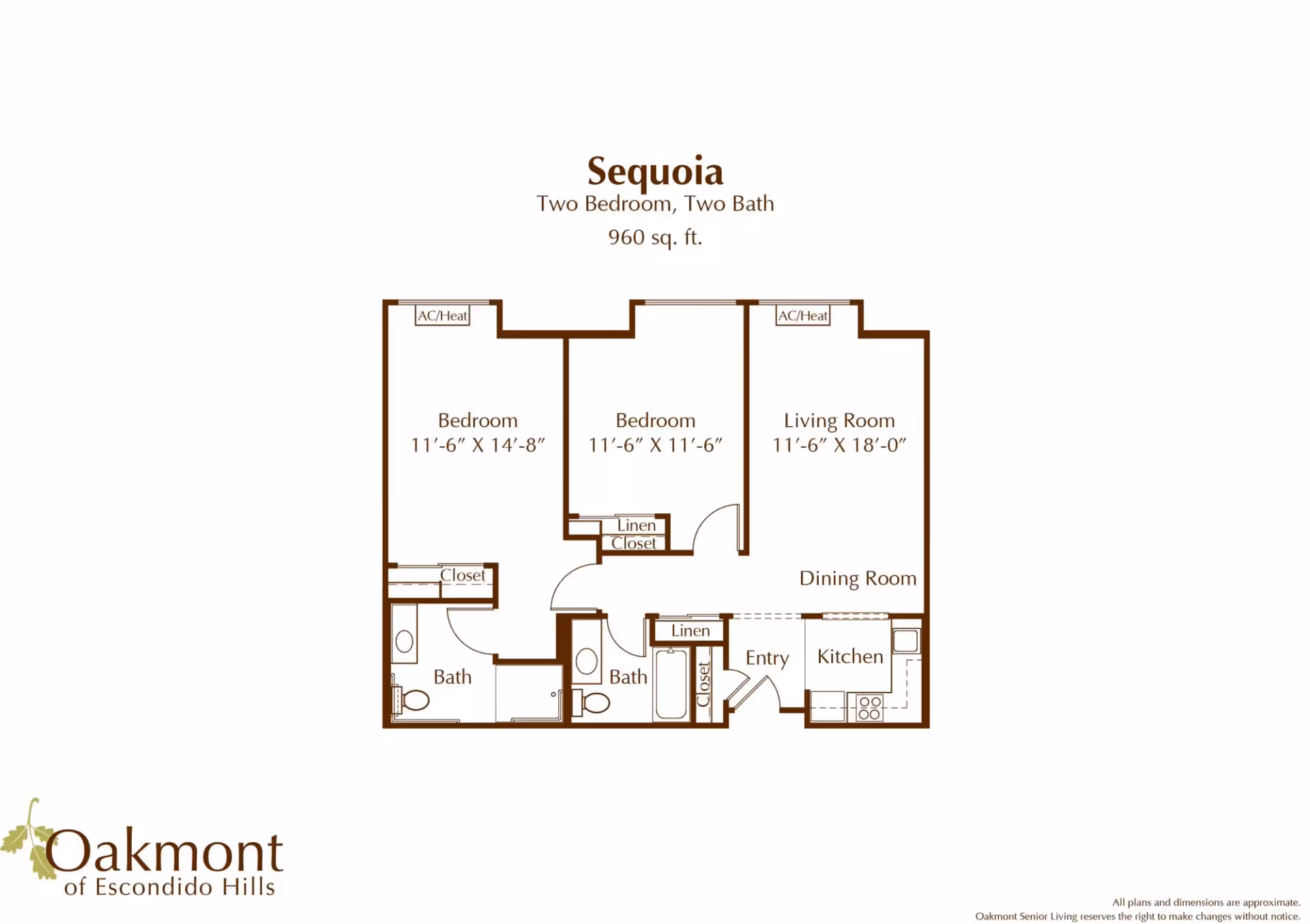Floor plan labeled Sequoia for a two-bedroom, two-bath 960 sq. ft. apartment.