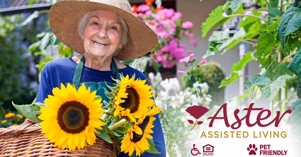 An elderly woman wearing a large straw hat and a blue shirt with a green apron is smiling while holding a basket filled with bright yellow sunflowers in a garden setting with various green plants and pink flowers in the background.