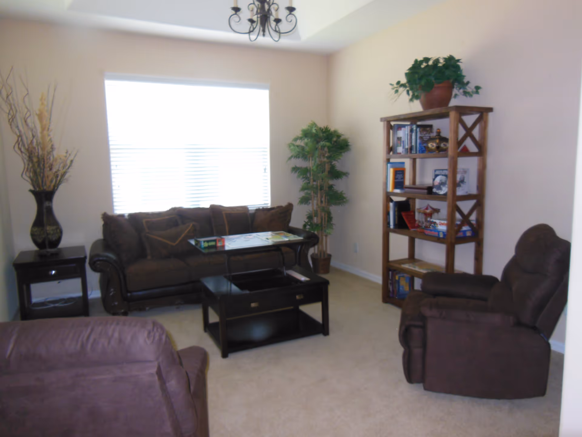 A cozy living room with a brown sofa, two brown recliner chairs, a black coffee table with a puzzle on it, a wooden bookshelf filled with books and decorative items, a potted plant in the corner, and a window with blinds letting in natural light.