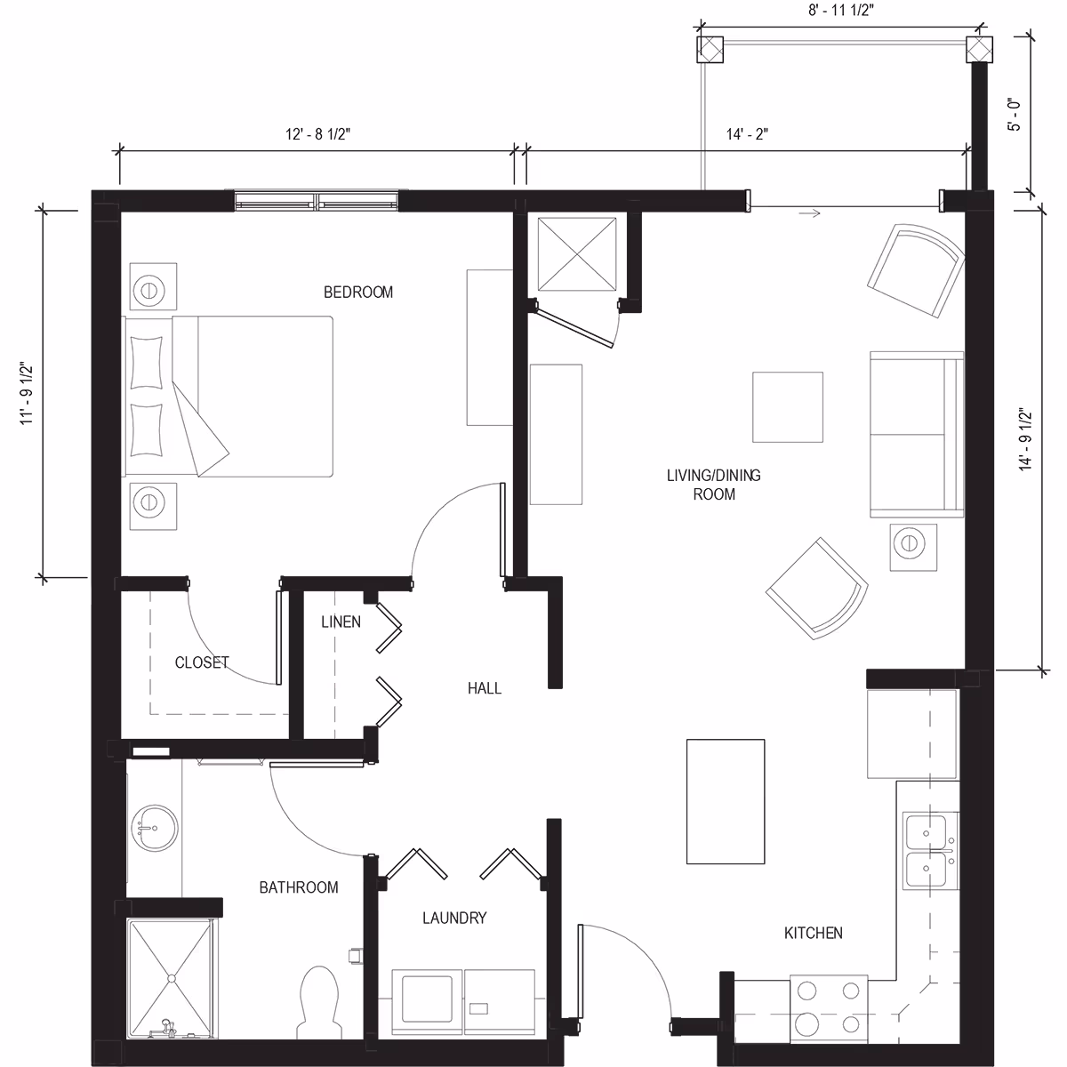 Black-and-white floor plan of a one-bedroom apartment showing a bedroom, bathroom, kitchen, living/dining room, laundry, hall, linen and closet.
