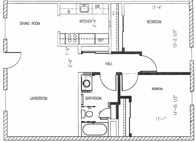 Architectural floor plan of an apartment unit at Fellowship Square Tucson showing a living room, dining room, kitchen, hall, bathroom, and two bedrooms with dimensions.