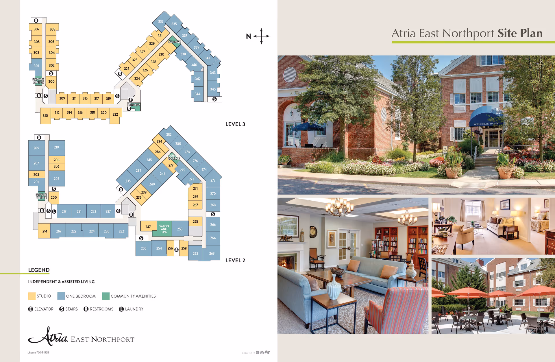 Atria East Northport site plan showing floor layouts for levels 2 and 3 with color-coded studio and one-bedroom units, community amenities, elevators, stairs, restrooms, and laundry areas. The right side features a collage of images including the building's exterior entrance with landscaping, a cozy living room with sofas and a fireplace, a furnished living area with chairs and a bed, and an outdoor patio with tables and red umbrellas.