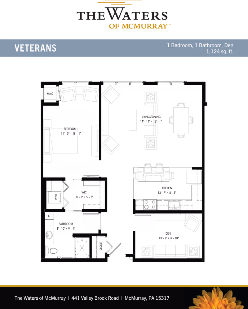 Floor plan diagram for the 'Veterans' one-bedroom unit at The Waters of McMurray showing labeled rooms and furniture layout.