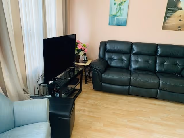 A cozy living room with a black leather sofa, a light blue armchair, a flat-screen TV on a black glass TV stand, a small side table with a flower vase, and light wood flooring.