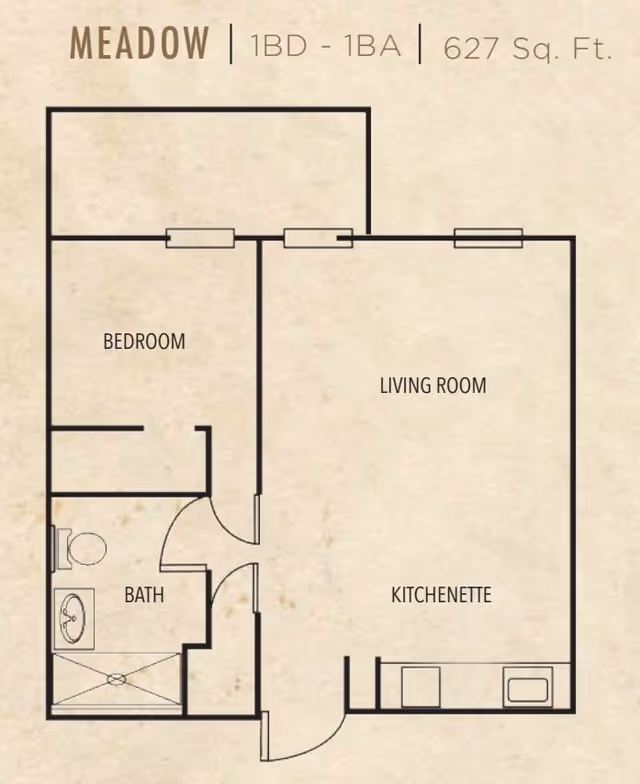 Floor plan of a one-bedroom, one-bathroom apartment named Meadow with 627 square feet. The layout includes a bedroom, bathroom, living room, and kitchenette.
