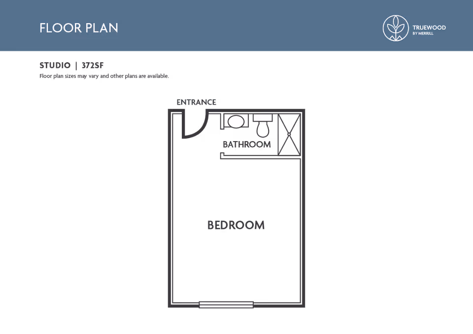 Floor plan of a studio apartment at Truewood by Merrill, Ocean Springs, showing an entrance leading into a combined bedroom and bathroom area. The bathroom includes a sink, toilet, and shower.