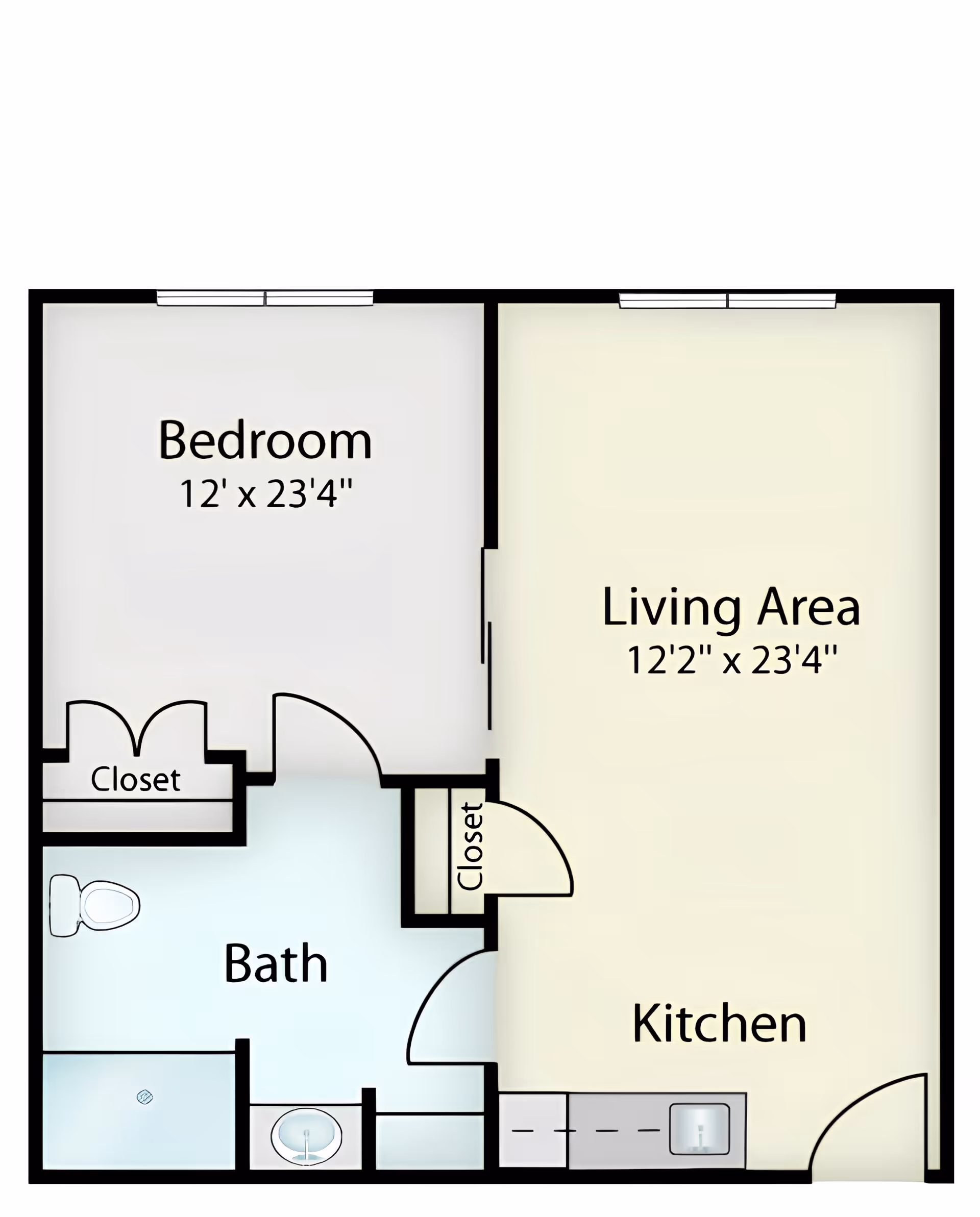 Floor plan of a senior living unit at Commonwealth Senior Living At Salisbury showing a bedroom measuring 12 feet by 23 feet 4 inches, a living area measuring 12 feet 2 inches by 23 feet 4 inches, a kitchen, a bathroom with a toilet and sink, and two closets.