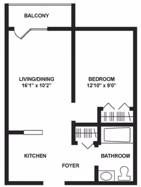 Floor plan of an apartment at The Hearth at Greenpoint showing a balcony, living/dining area measuring 16 feet 1 inch by 10 feet 2 inches, a bedroom measuring 12 feet 10 inches by 9 feet, a kitchen, a foyer, and a bathroom with a bathtub, toilet, and sink.