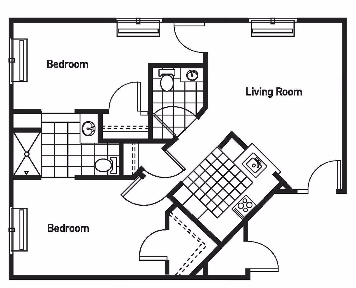 Black and white architectural floor plan of a living space with two bedrooms, two bathrooms, a living room, and a kitchen area.