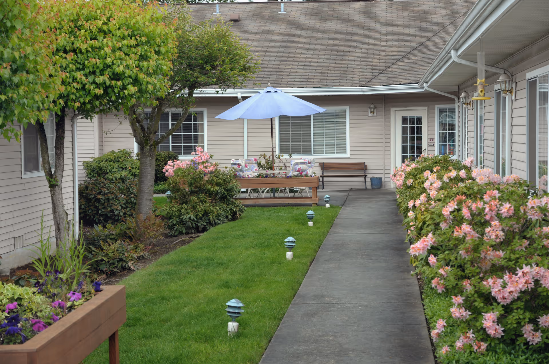 A landscaped courtyard with a paved walkway, central lawn, benches, a blue patio umbrella and flowering shrubs in front of a beige building.