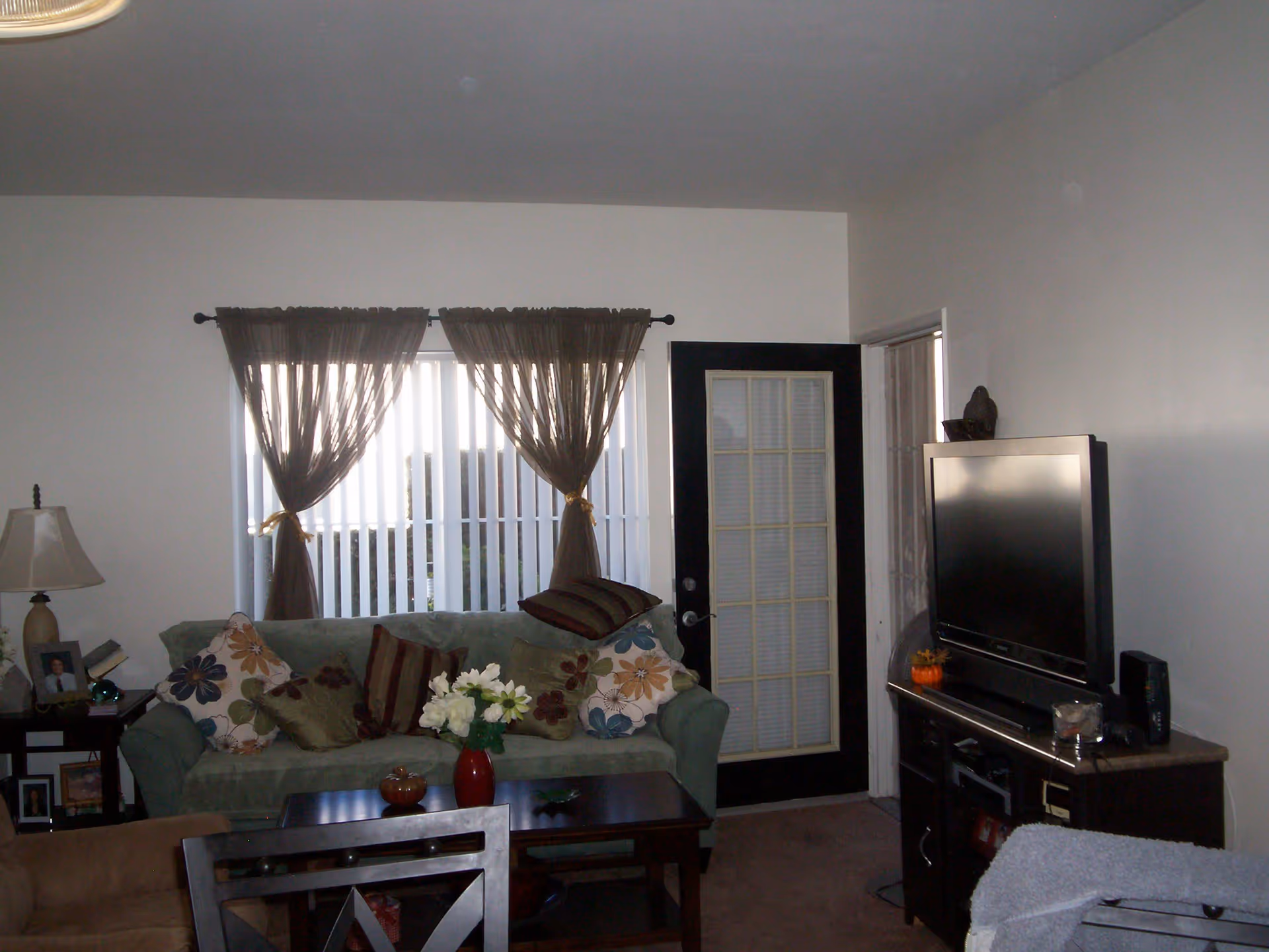 Living room with a sofa topped with patterned pillows, a coffee table, and a TV beside a glass-paned door and window with sheer curtains.