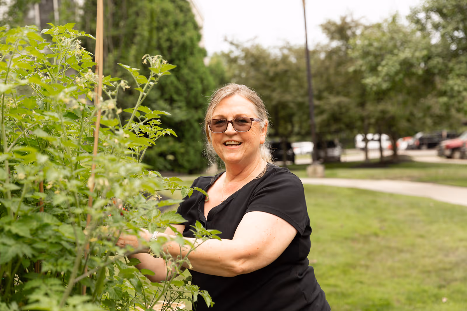 A smiling woman wearing sunglasses and a black shirt is tending to green plants in a garden area with trees and a parking lot in the background.