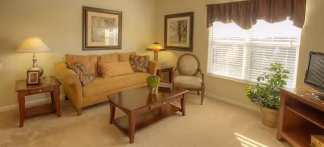 A cozy living room with a beige sofa adorned with patterned cushions, a wooden coffee table with a small plant on it, a wooden side table with a lamp and framed photo, an upholstered chair, two framed pictures on the wall, a window with blinds and curtains, a potted plant, and a wooden TV stand with a television.