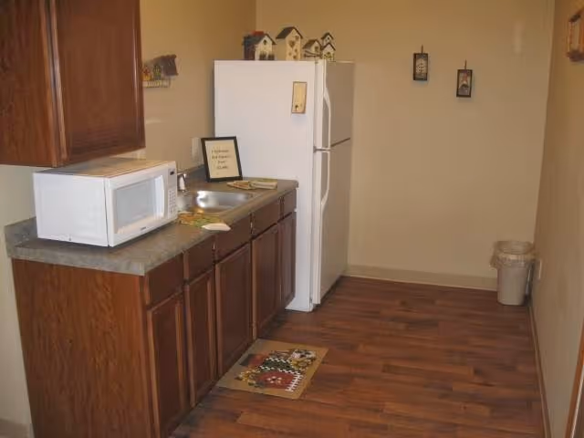 Compact kitchenette featuring wood cabinets, a microwave on the counter, a small sink, and a white refrigerator against a beige wall.