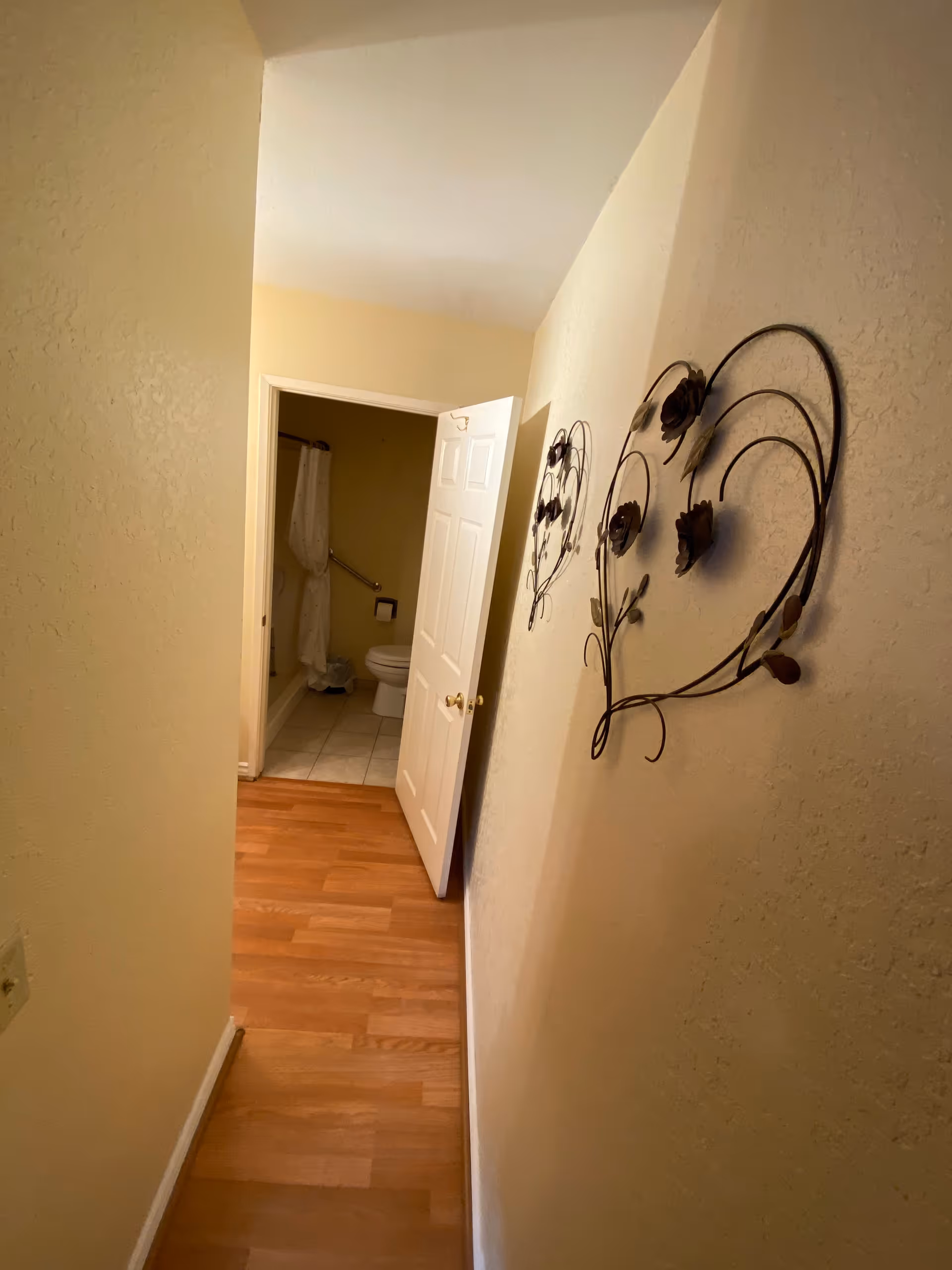 A narrow hallway with wooden flooring leading to a bathroom. The bathroom door is open, revealing a toilet, a shower curtain, and a grab bar on the wall. The hallway wall has decorative metal wall art with floral designs.
