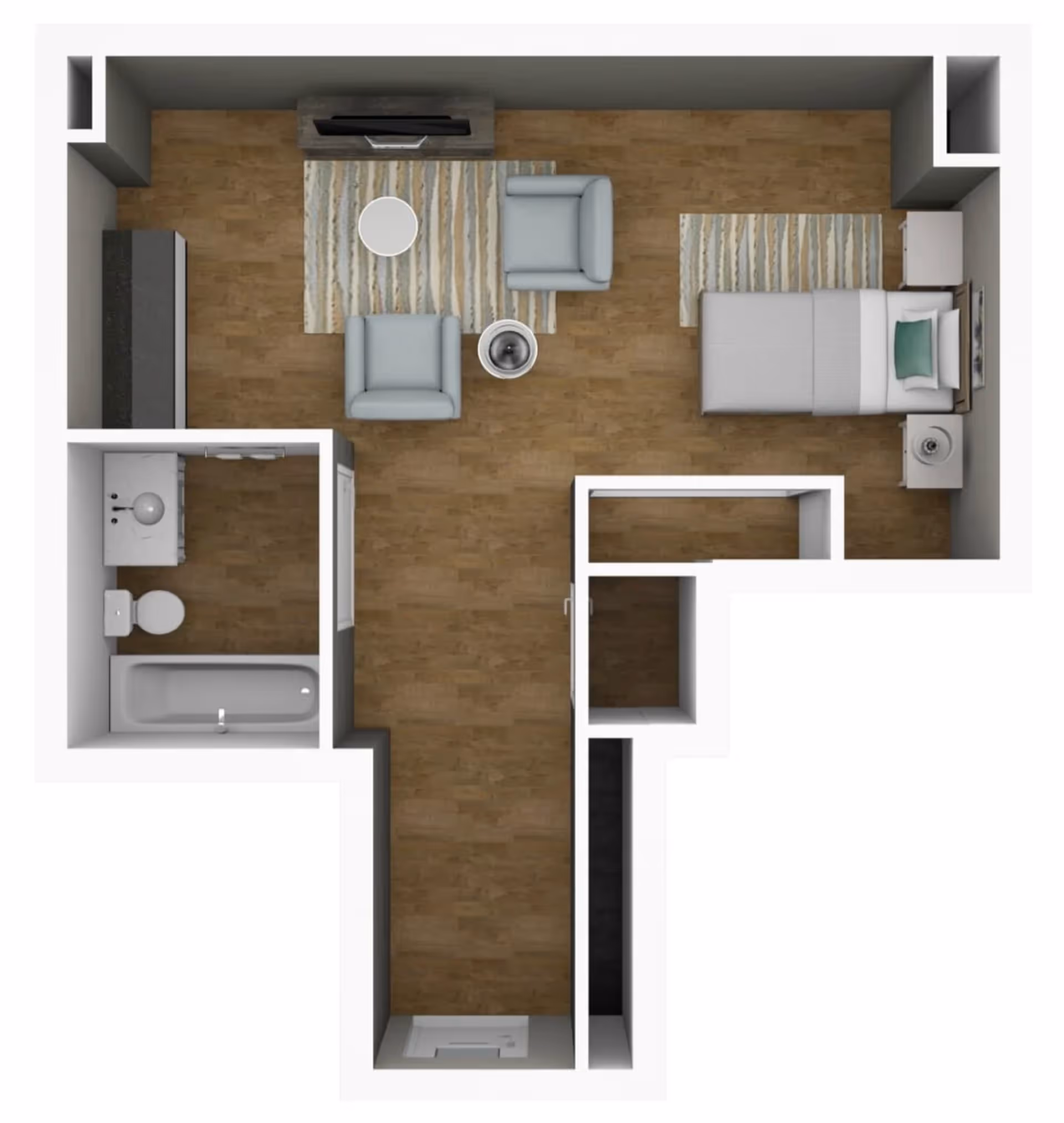 Top-down view of a floor plan showing a studio apartment layout with a bedroom area containing a bed and two nightstands, a living area with two armchairs, a round table, and a TV stand, and a bathroom with a bathtub, toilet, and sink.