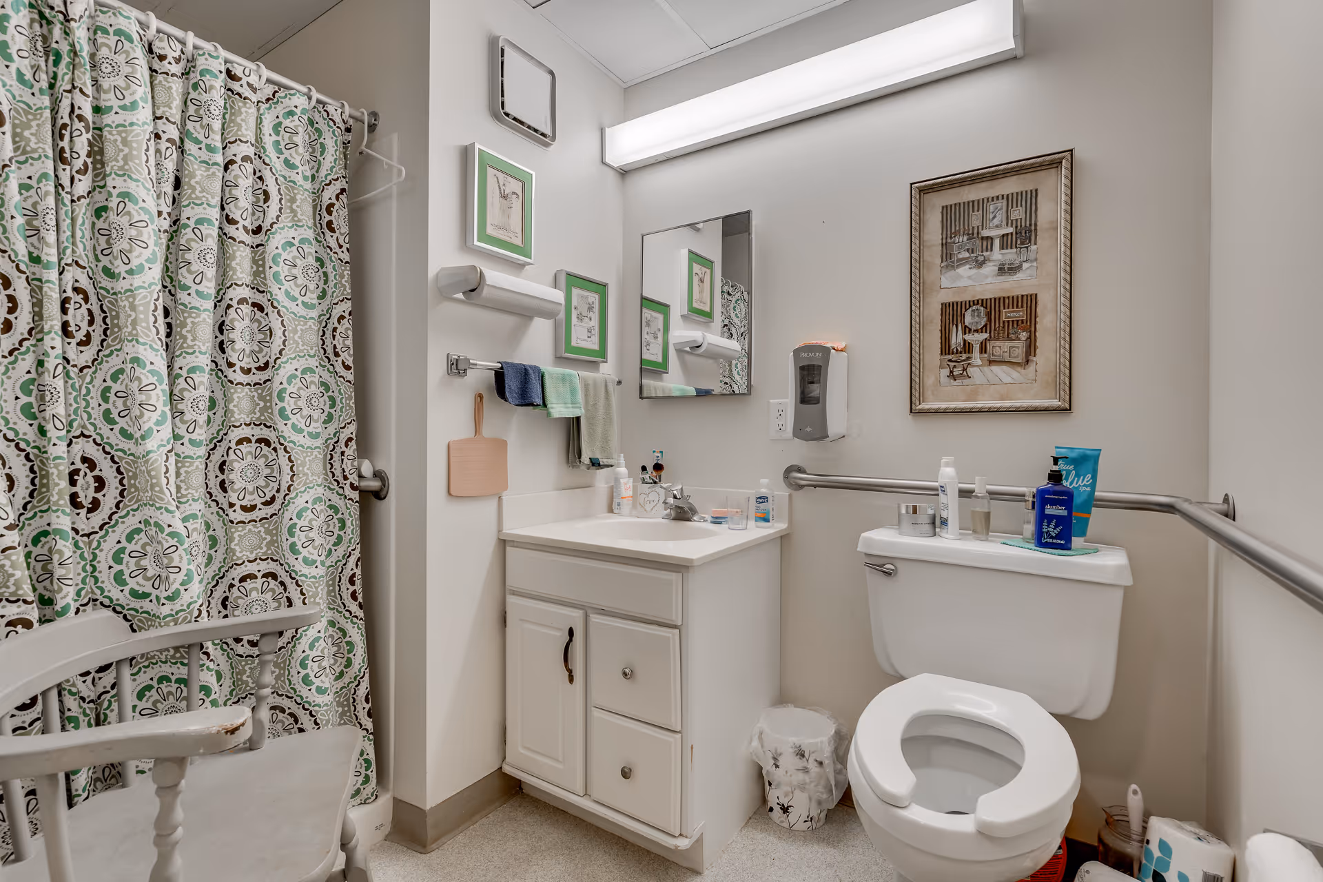 A small bathroom with a white toilet featuring a raised seat and grab bars on the walls. There is a white vanity with a sink, a mirror above it, and various toiletries on the countertop and toilet tank. A patterned shower curtain with green, brown, and white designs is visible on the left side. The walls have framed pictures and a mounted soap dispenser. A white chair is partially visible in the foreground.