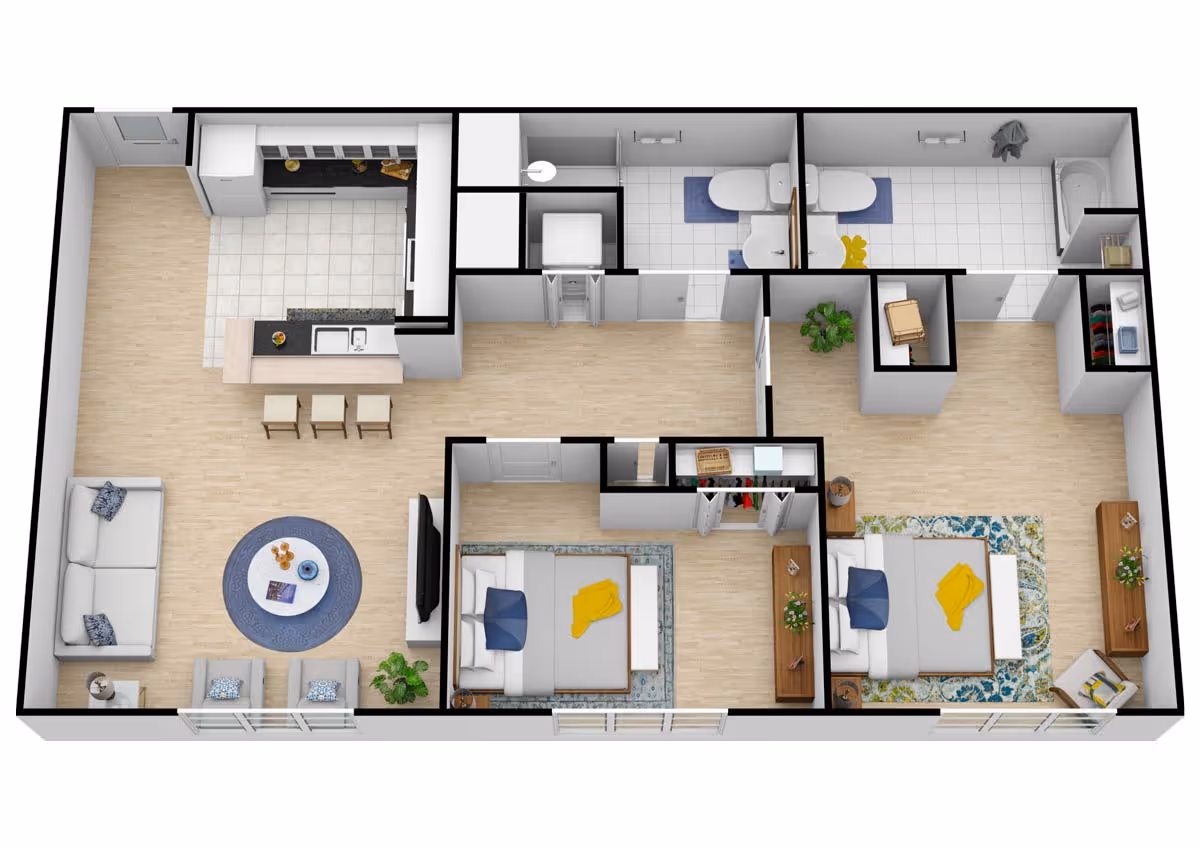 3D floor plan of a residential unit showing two bedrooms, two bathrooms, a kitchen with a breakfast bar and three stools, a living room with a sofa, two chairs, a round coffee table, and a TV mounted on the wall. The bedrooms have beds, nightstands, and closets. The bathrooms include toilets, sinks, and one has a bathtub. There are plants and decorative items in the rooms.