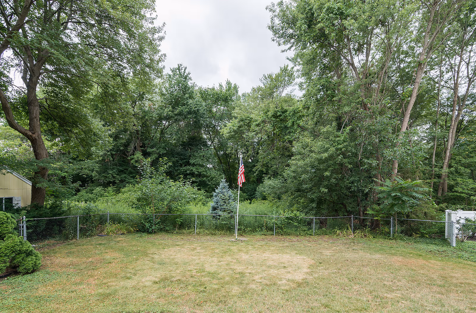 A grassy fenced backyard with a centered American flag on a flagpole and dense trees beyond.