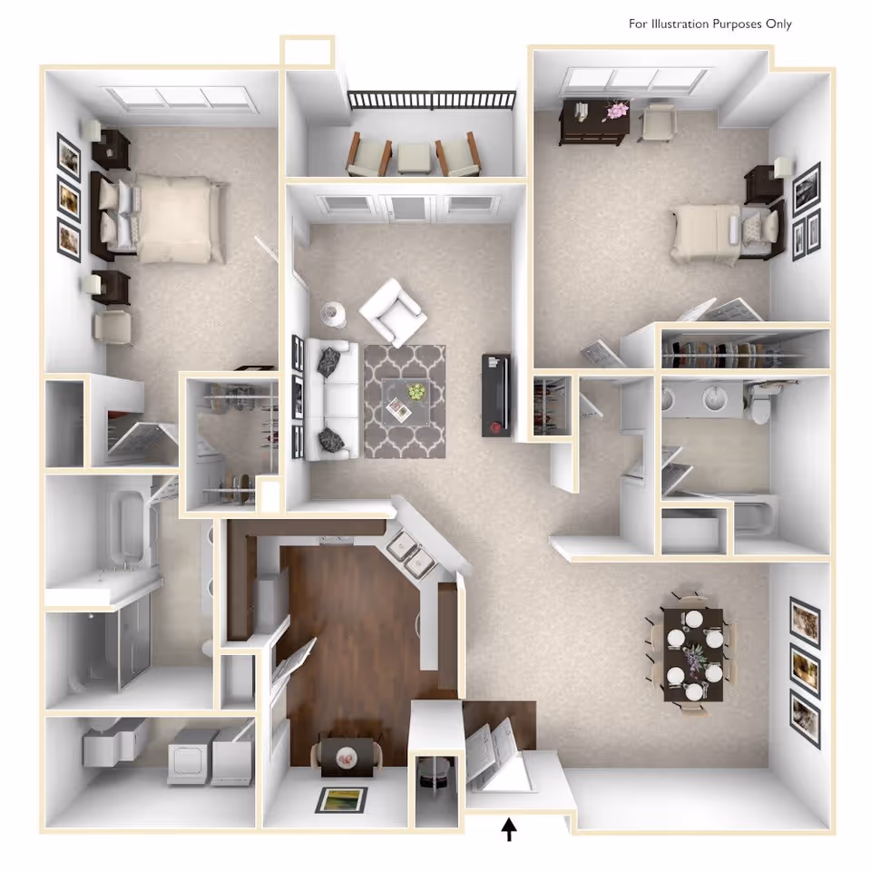 3D floor plan of an apartment featuring two bedrooms, two bathrooms, a living room with sofa and armchair, a dining area with a table set for six, a kitchen with appliances and a small breakfast nook, a laundry area with washer and dryer, and a balcony with two chairs and a small table.