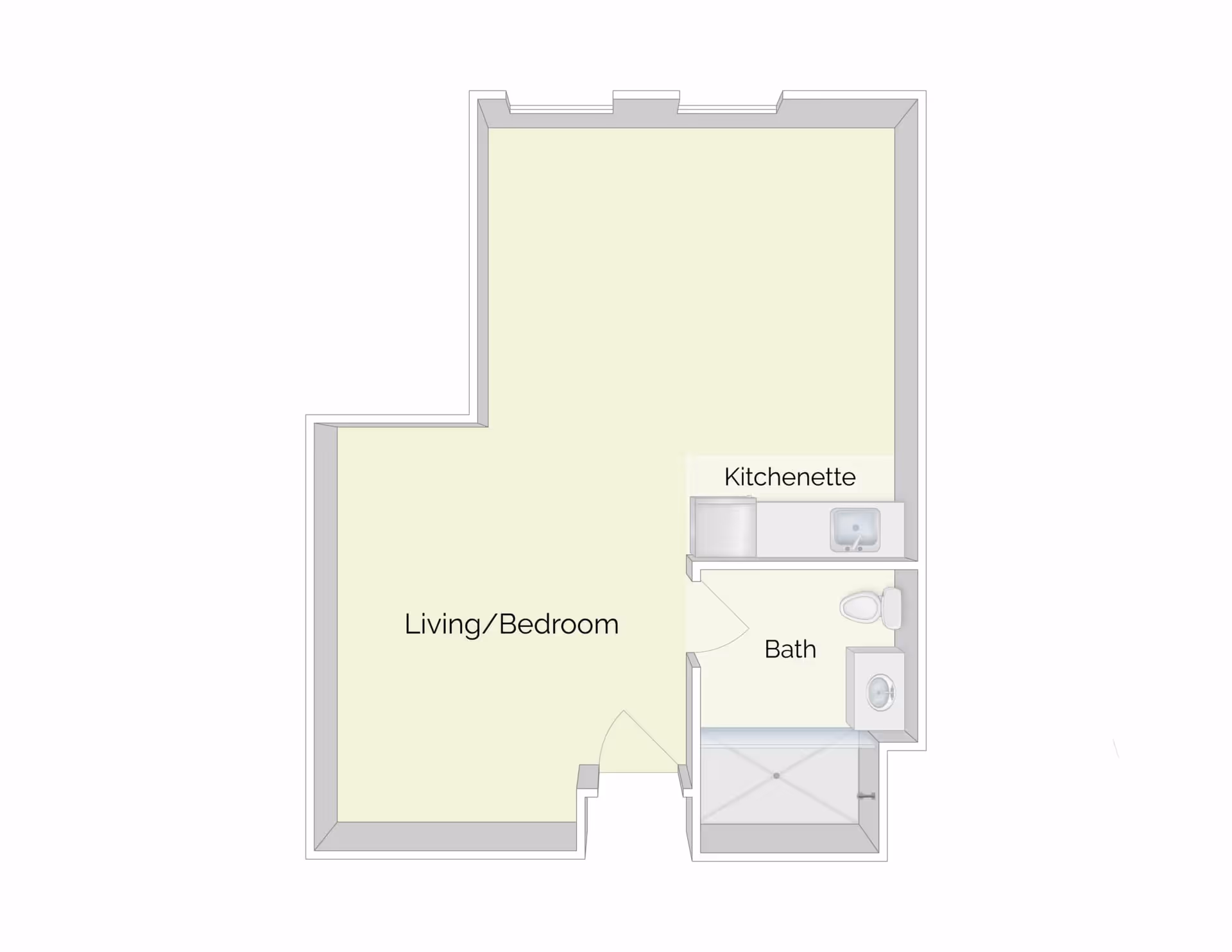 Top-down floor plan of a studio apartment showing a combined living/bedroom area, a kitchenette, and a bath.