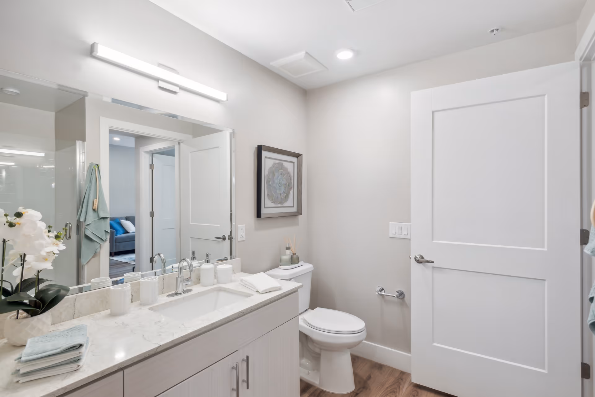 Bright modern bathroom featuring a marble-topped vanity with sink and mirror, a toilet, and a white paneled door.